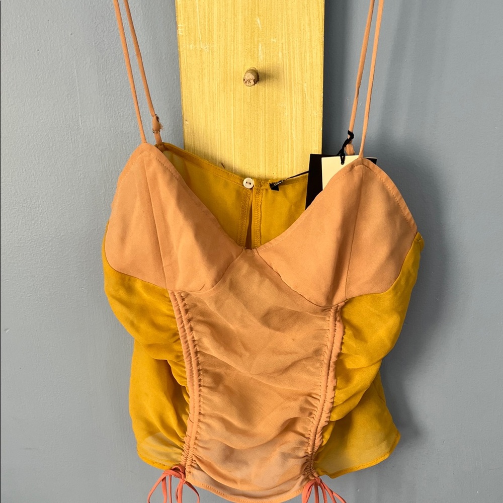 Zara Mustard Yellow and Peach Satin Ruched Camisole